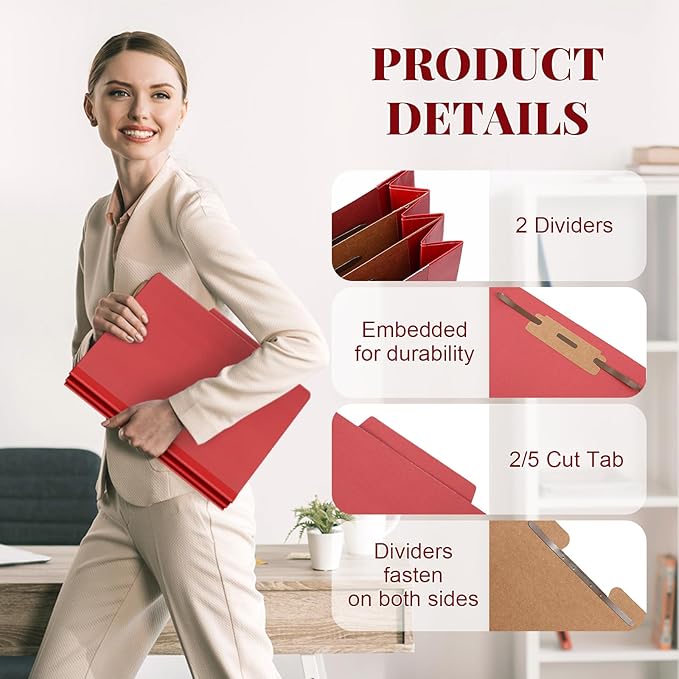 Skyygemm 60 Pcs Classification Folders Letter Size, 2 Divider Pressboard File Folders with 3. 5 Inch Expansion, 2 Prongs Fastener, Heavy Duty Office File Organizers for Teachers, Medical (Dark Red)