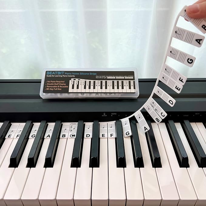 BEATBIT Piano Notes Guide for Beginner, Removable Piano Keyboard Note Labels for Learning, 88-Key Full Size, Made of Silicone, No Need Stickers, Reusable and Comes with Box (Classic Black）