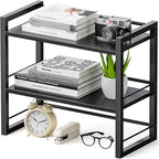 ART-GIFTREE Office Desk Shelf Organizer, Wood Desktop Bookshelf Supplies Storage Rack, Shelf for Top of Desk and Dresser (Pure Black-2 Tier)