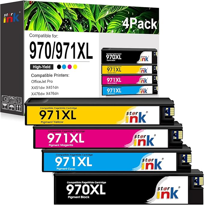 970XL 971XL Ink Cartridges High Yield Replacement for HP 970XL 971XL 970 971 Compatible with Officejet Pro X476dw X576dw X451dw X551dw X451dn X476dn Printer,4 Pack (Black, Cyan, Magenta, Yellow)