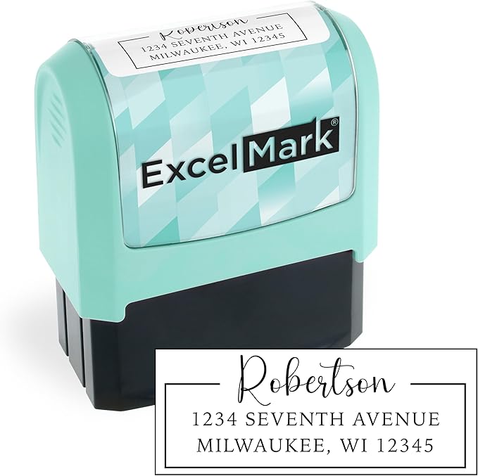 ExcelMark Address Stamp - Custom Return Address Stamp with Elegant Designs, Vibrant Colors & Patterns – Perfect for Mail, Invitations & Gifts (Seafoam Mount, Signature Frame)