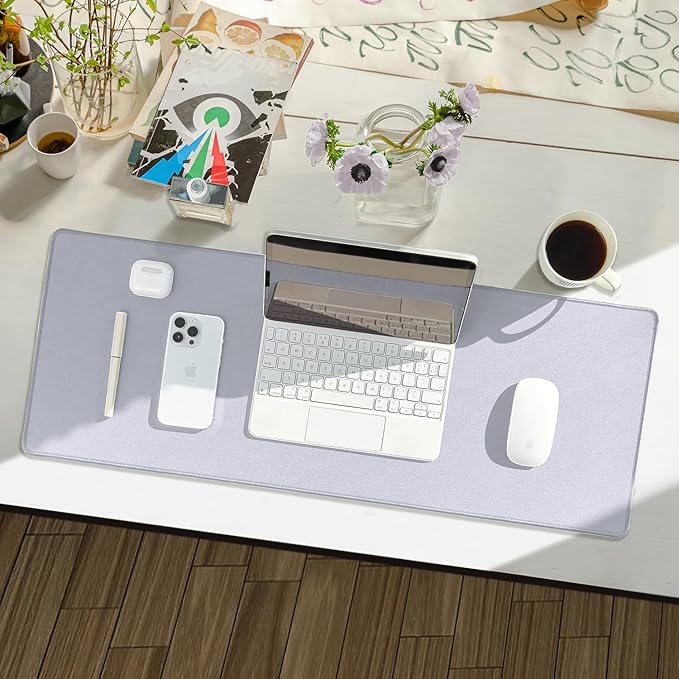Reniteco Waterproof Large Gaming Mouse Pad with Durable Stitched Edges, Non-Slip Rubber Base, Grainy Jacquard Mouse Mat Desk Pad for Home Office Gaming, 35.4''x15.7''x0.12'', Matte Light Gray
