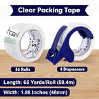 RAZCC Packing Tape, 36 Rolls Clear Heavy Duty Packaging Tape with Dispensers for Packing Shipping Moving Mailing, Thicker Sealing Tape - 1.88" x 65 Yard Per Roll, 2340 Total Yards