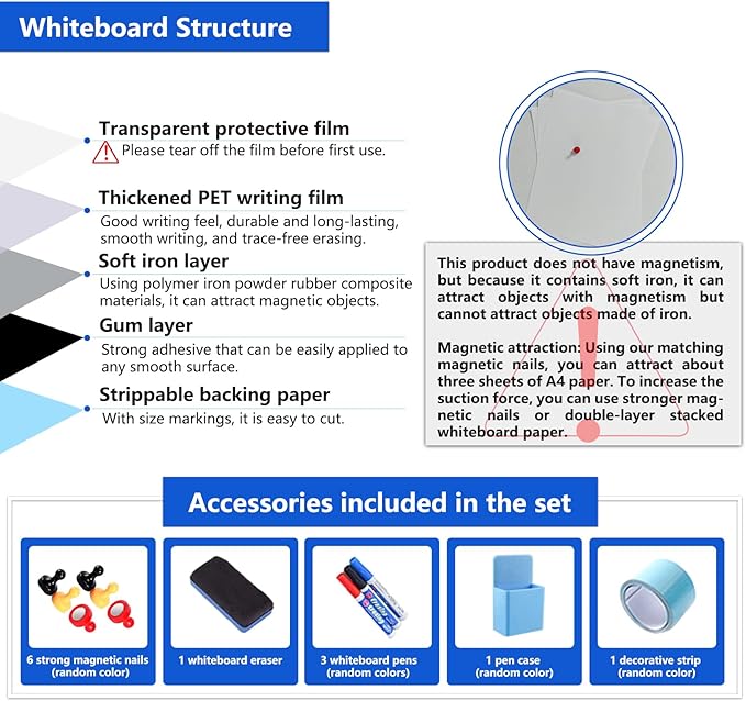 Magnetic Dry Erase Whiteboard Paper with Adhesive, 38" x 19" White Board Film for Wall, Easy to Write and Clean Dry Erase Board for Office, Classroom, Home, Include Marker, Magnetic Eraser and Magnets