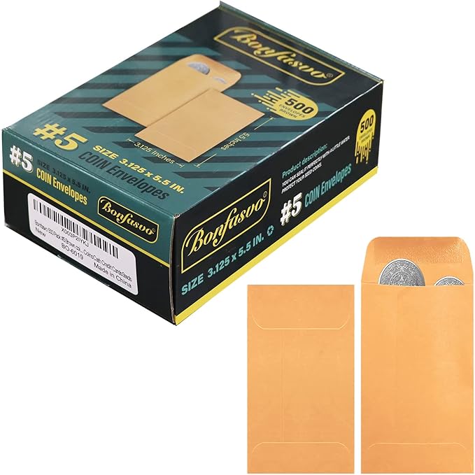 500 Pack #5 Brown coin envelope 3.125 x 5.5 inches Kraft Envelopes Classic Small Parts Envelopes with Self Adhesive Gummed Flap for Coins Cash Credit Cards Seeds
