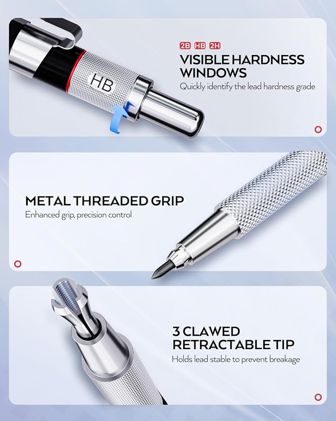 Nicpro 6PCS Art Mechanical Pencil Set, 3PCS Metal Drafting Pencil 0.5 mm & 0.7 mm & 0.9 mm & 3PCS 2mm Graphite Lead Holder (2B HB 2H) For Writing, Sketching Drawing With Lead Refills Case