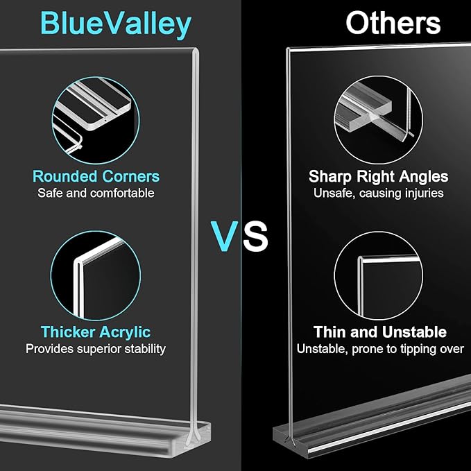 BlueValley 12 Pack Acrylic Sign Holder 8.5 x 11 Inch Horizontal - Clear Display Plastic Table Menu Signs Stand, Double Sided Flyer Holder Standing for Picture Paper Frame Holder Stand Home Office Retail Show Fair