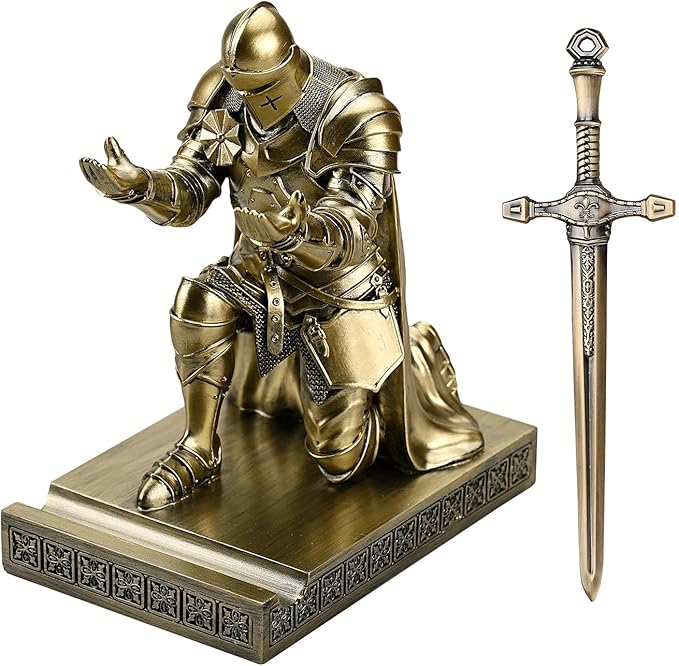 Amoysanli Medieval Armored Warrior Wearing Outerwear, Mobile Phone Stand Knight Pen Holder Desk Organizers, Resin Bookends Paperweight with a Letter Opener for Desk (Bronze)