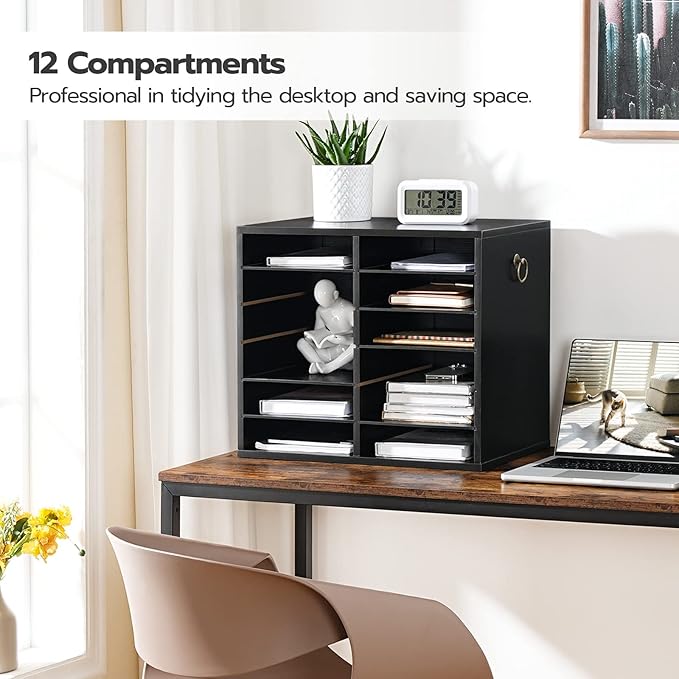 HOOBRO Literature Organizers, 12 Compartments Office Mailbox with Adjustable Shelves, Wood Countertop Literature Sorter for Office, Home, Classroom, Mailrooms Organization Black BK12WF01