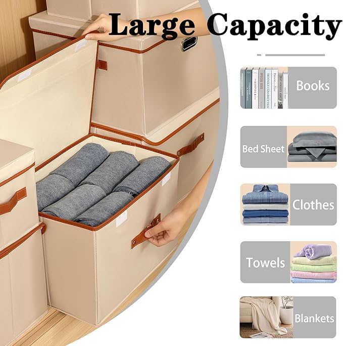Tuza 4 Pack Large Fabric Storage Bins with Lids, Foldable Storage Boxes with Lids for Organizing, Decorative Storage Boxes with Handles for Home, Bedroom, Closet, Office(Khaki, Extra Large)