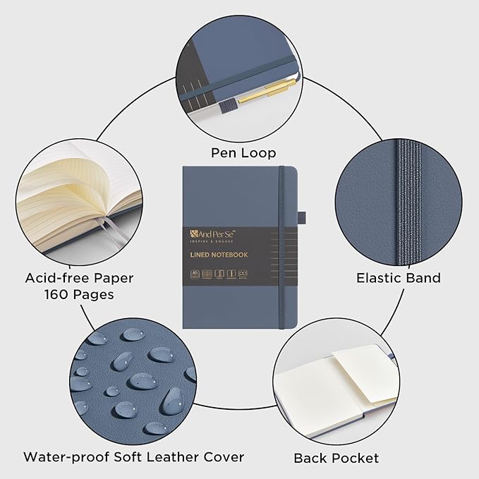 A5 Lined Leather Journal and Pen Set, Hardcover Notebook with Pen, 160 Pages 100gsm Thick Ruled Paper for for Women Men Work Business School or Home Writing, 5.7'' x 8'' (Dark Blue)