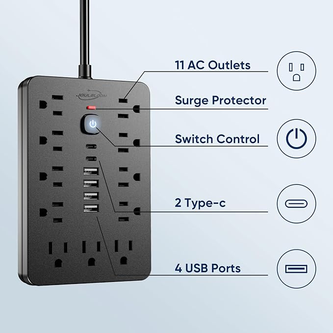 JouleLoom 15 FT Flat Plug Surge Protector Power Strip,11 Multiple AC Outlets with 6 USB Ports (2 USB C), 15 Feet Extension Cord, 1250W/10A, One Touch Switch Button, 17 in 1 Compact powerstrip