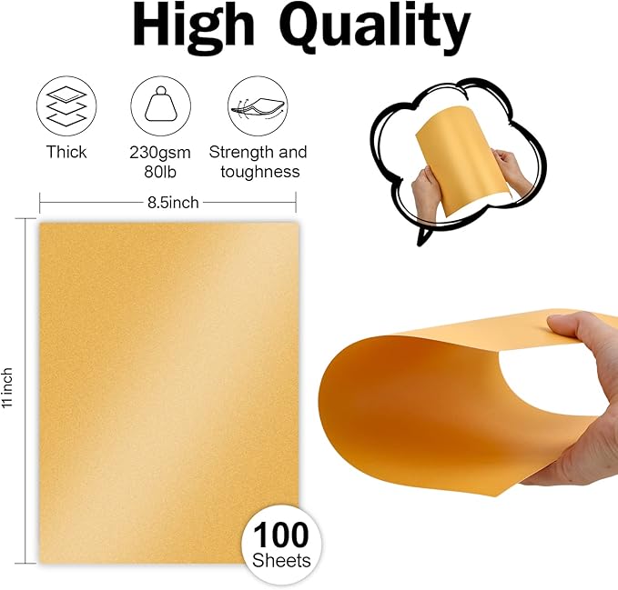 100 Sheets Gold Shimmer Cardstock 8.5 x 11 Metallic Paper, Goefun 80lb Card Stock Pearlescent Paper for Invitations, Birthday, Anniversaries, Card Making