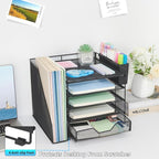 Gugsey Desk Organizer, 5-Tier Paper Letter Tray Organizer with File Holder, Drawer and Pen Holder, Desktop Organizer for Office Supplies, Black