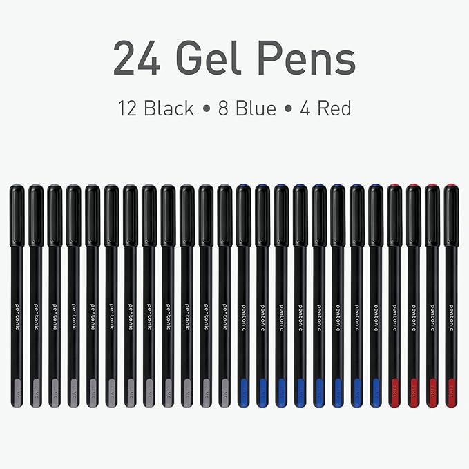 Pentonic Gel Pens, 24 Count, Assorted Colored Ink (12 Black, 8 Blue, 4 Red), 0.6 mm Fine Point, Smooth Writing For Journaling & Notetaking (1002354)