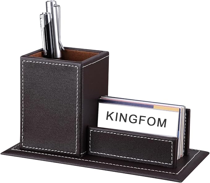 KINGFOM PU Leather Desk Organizer and Accessories, Pencil Holder for Desk with Business Cards Stand, School Office Supplies Collection Caddy Brown