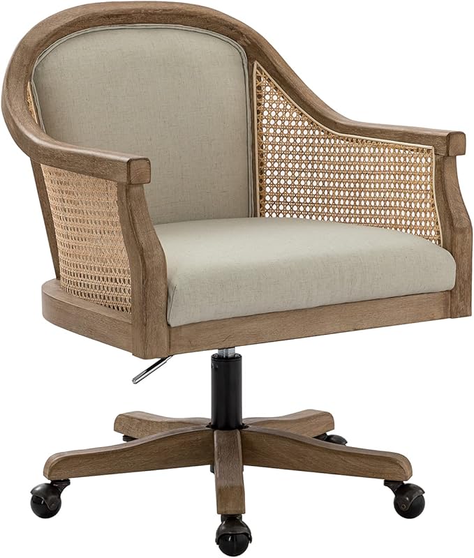 HULALA HOME Rattan Desk Chair, Upholstered Home Office Chair, Vintage Office Chair with Armrest, Adjustable Swivel Rolling Height Task Chair for Living Room Bedroom Study Room, Linen
