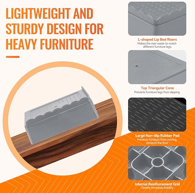 shouwuhho Furniture Risers, 4 Pack Bed Risers with Non-Slip Grip and Heavy Duty Support, 1 Inch 2 Inch 3 Inch 4 Inch Height Lift for Couch, Sofa, Table, Desk, Chair, Refrigerator - Gray, 1 Inch