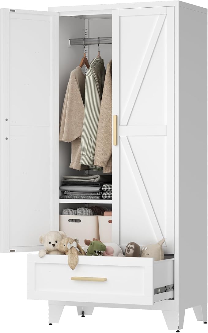 71" Tall Metal Wardrobe Cabinet with Drawer and Hanging Rod, 2 Doors Armoire Wardrobe Closet with Shelf for Bedroom, Office, Laundry Room, White