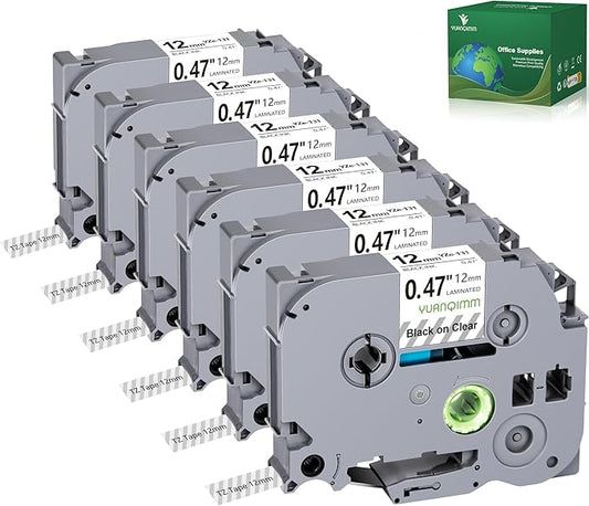 6 Pack TZe131 Clear Tape Compatible with Brother Label Maker Tape 12mm 0.47 TZ TZe-131 TZ-131 TZ131 Black on Clear Compatible for Brother Label Maker PTouch PTD600 PTD410 Printer, 1/2 Inch x 26.2 Feet