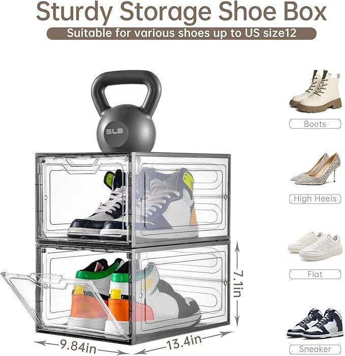 12 Pack Shoe Boxes Shoes Organizer, Shoe Storage Organizer Boxes with Magnetic Door, Clear Shoe Organizers Sneaker Storage Shoe Box for Women/Men, Fit up to US Size 12