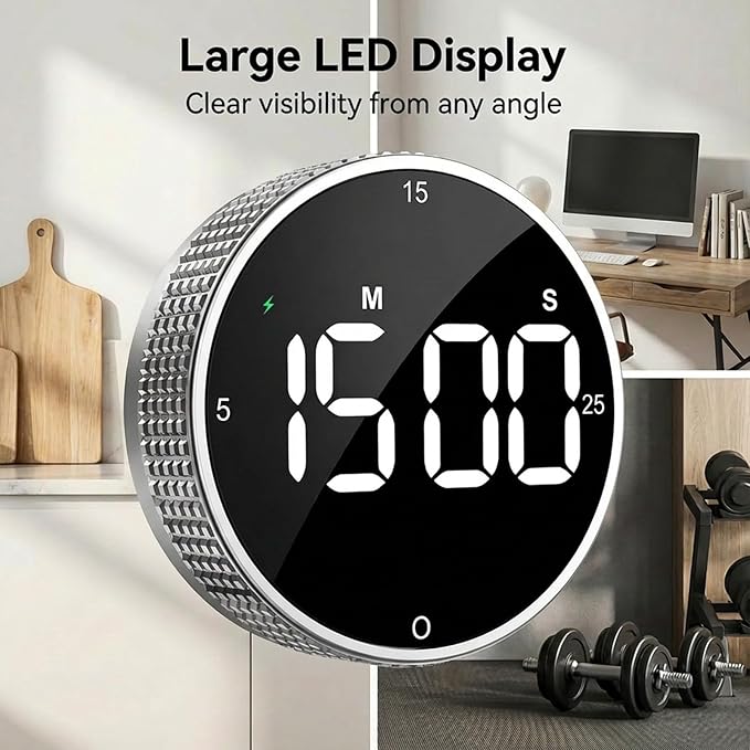 Rechargeable Magnetic Kitchen Timer,LED Countdown/Up Timer, Supports USB-C Charging,with Loud Alarm,3 Preset Quick Times(5/15/25m),Perfect for Kitchen Cooking, Studying, and Fitness (Silver)