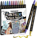 TRANSON 12Colors Metallic Paint Markers Bold and Fine Dual-tip for Rock Wood Ceramic Canvas DIY Painting Drawing