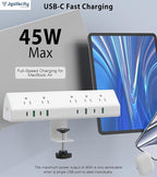 45W Fast Charging Station,Desk Clamp Power Strip,4 PD USB-C Ports,5 AC Outlets,Surge Protector Power Strip, 14AWG Heavy Duty Cord, Fits 1.9" Tabletop Edge (White, 15 FT Cable)
