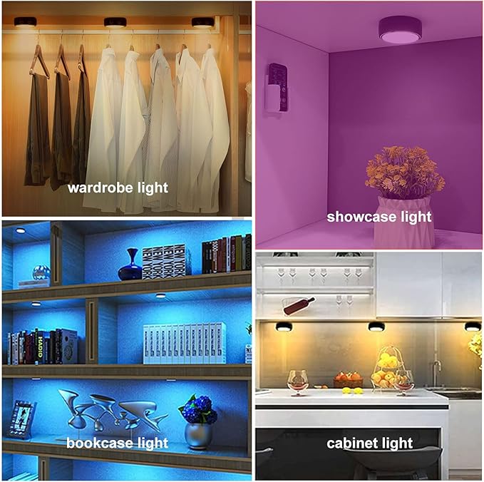 Battery Operated Puck Lights with Remote LED Under Cabinet Lighting Wireless Stick on Lights Color Changing Timer Tap Lights for Cabinets Shelves Closets Display Case - 2Pack Black
