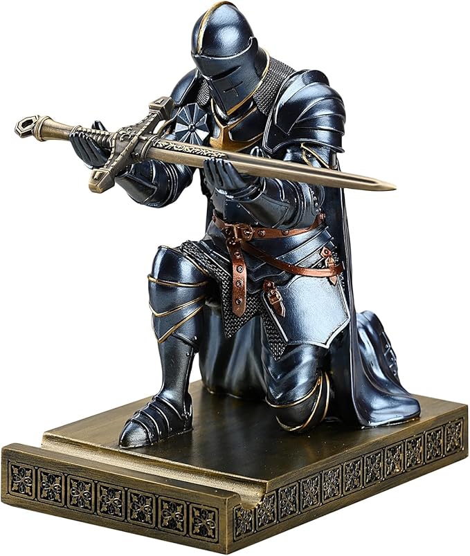 Amoysanli Medieval Armored Warrior Wearing Outerwear, Mobile Phone Stand Knight Pen Holder Desk Organizers, Resin Bookends Paperweight with a Letter Opener for Desk (Blue)