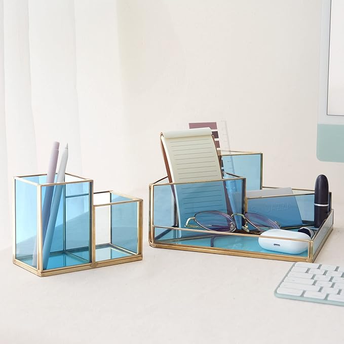 Gold & Blue Glass Desk Organizer - Elegant Office Decor, Aesthetic Makeup Brush Holder & Skincare Organizer, 4-Compartment Pen Holder, Pencil Cup, Vanity & Cosmetic Storage, Desk Accessories for Women