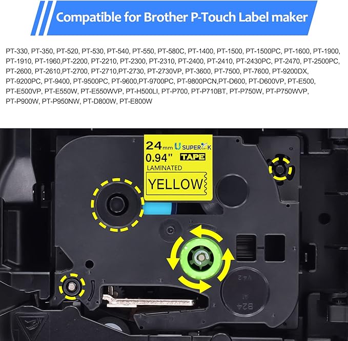 6PK 24mm Yellow Label Tape Compatible for Brother P-Touch Label Maker Tape TZe-651 1 Inch TZe TZ Tape TZ-651 TZe651 24mm 0.94'' Laminated Black on Yellow for PT-D600 D610BT P710BT P750W
