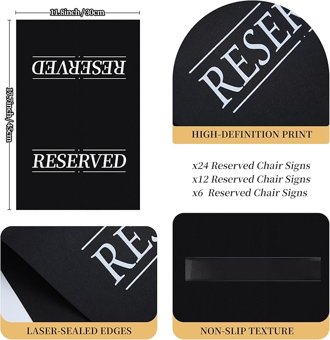 12 Pcs Reserved Seating Signs Reserved Chair Sign Printed Placeholder for Church Pew, Wedding, Party Events (Black, 12 Pcs)