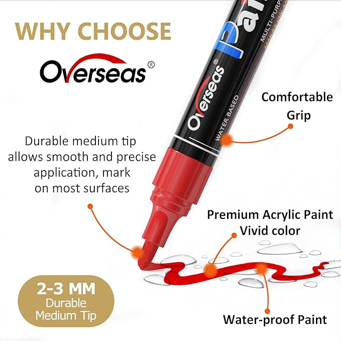 Overseas Red Paint Pens Paint Markers - Permanent Acrylic Markers 12 Pack, Water-Based, Quick Dry, Waterproof Marker Pen for Rock, Wood, Plastic, Metal, Canvas, Glass, Fabric, Mugs. Medium Tip