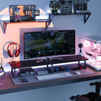 TEAMIX Black 42 inch Dual Monitor Riser,Wood and Steel Long Monitor Stand for 2 Monitors with Storage Large TV Riser Computer Laptop Stand for Desk Office Organization
