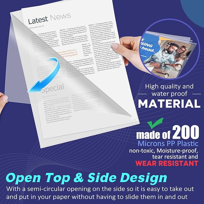 JIKIOU 30 Pack Clear Document Folder Copy Safe Project Pocket L-Type Clear Plastic Folder A4/ Letter Size in Transparent Color(Upgraded Size)