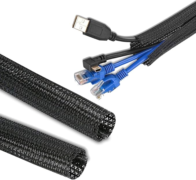 2pcs 5ft-3/4inch Black/White Cable Sleeve - Protects Cords from Pets & Organizes Wires - Modern Style - Polyester Material - Flame Retardant - Easy to Use & Cut (Black, 5ft-3/4inch)