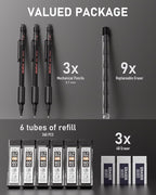 Nicpro 0.7 mm Mechanical Pencil Set with Case, 3PCS MP2000 Metal Artist Mechanical Pencil With 6 Tube HB Lead Refills, Eraser, Weatherproof Barrel for Outdoor Writing Drafting Drawing Sketching