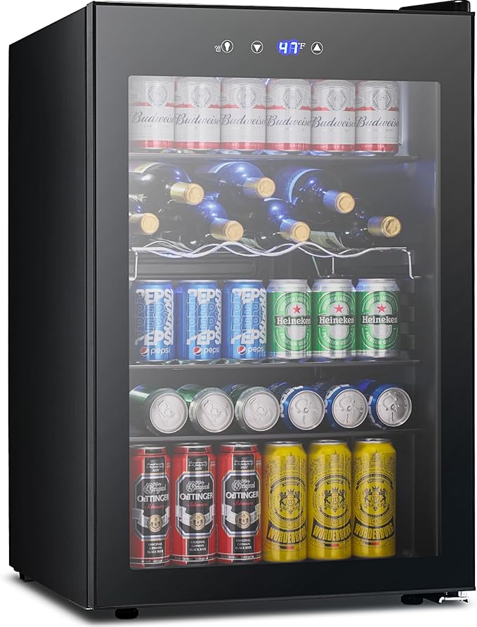 37 Bottle Wine Fridge,Freestanding 145 Can Beverage Refrigerator with Smart Temperature Control，4.5 CU FT Quiet Mini Fridge with Child Lock Panel for Family Restaurant Bar, Black
