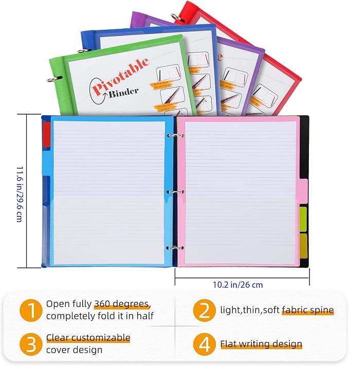 Tashkummy 360 Pivotable Project Organizer, 3 Ring Binder with Colored Tab Dividers and Pockets, Customizable Front Cover Multi Pocket Folder for Home, School, Office - Green