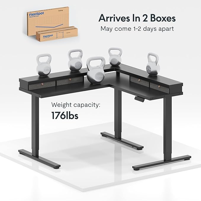 FLEXISPOT 71" Large L Shaped Standing Desk Electric Corner Table with Shelf, 4 Storage Drawers, Adjustable Computer Workstation for Home, Office, Game, Studio, Black Top + Black Frame