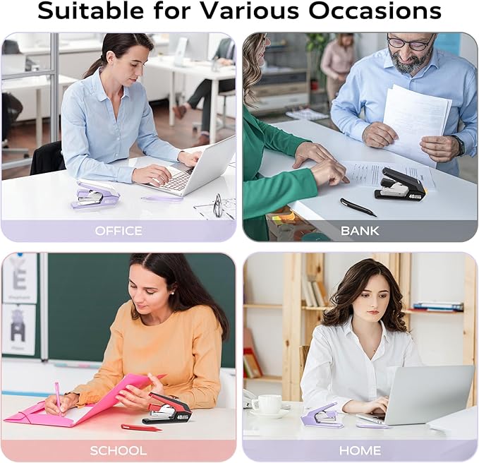 MARSROCK Effortless Stapler for Desk with 40-50 Sheet Capacity, 2000 Staples, 1-Touch Stapling, Ergonomic & Easy to Load Desktop Staplers, Heavy Duty Stapler, and Magnetic Staple Remover, Purple