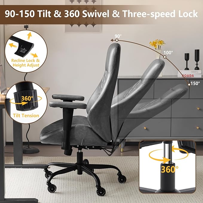 YFO Home Office Desk Chair High Back Office Rubber Chair Casters Ergonomic Computer Chair with Lumbar Support Adjustable Height Rolling Swivel Chair Executive Task Armrests, Grey Leather
