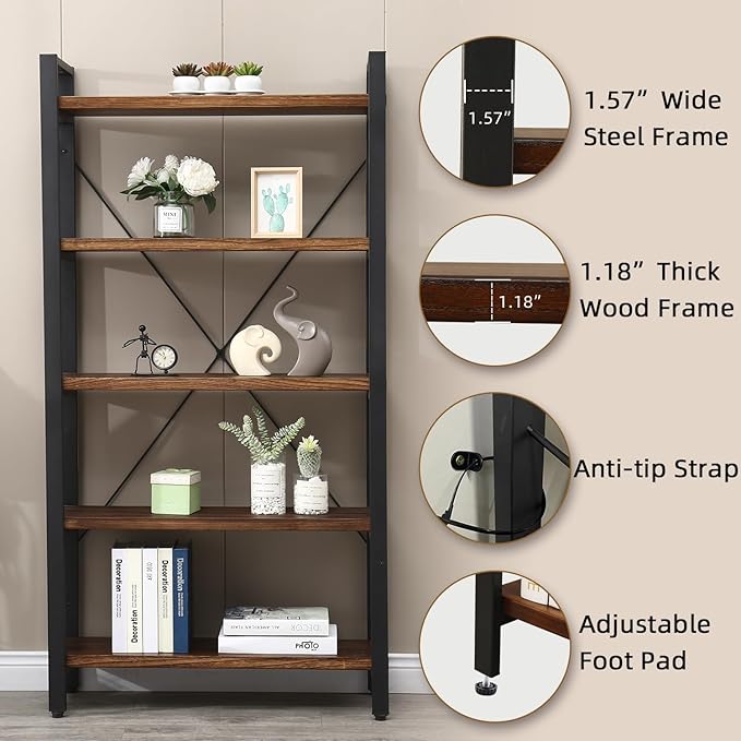 5 Tier Bookcase, Solid Wood Bookshelf Rustic Vintage Industrial Etagere Bookcase, Metal and Wood Free Vintage Bookshelf, Retro Brown (Real Wood) (5-Tiers)