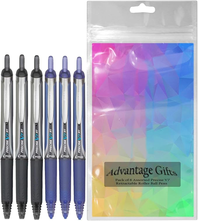 Precise V7 RT Retractable Rolling Ball Pens, Fine Point (.7mm), Assorted Colors, Black/Blue Ink, 6-pk; Premium Comfort Grip, Bundle with Plastic Reusable Pouch