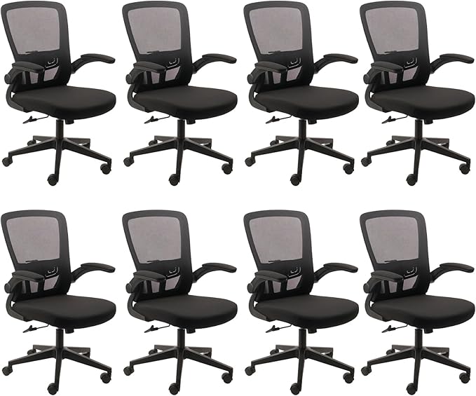 Office Desk Chairs with Wheels, Ergonomic Mesh Chair with Adjustable Height Lumbar Support, Rolling Swivel Computer Task Chair with Flip Up Armrests for Home, Study, Conference, Black (8PK)