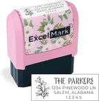 ExcelMark Address Stamp - Custom Return Address Stamp with Elegant Designs, Vibrant Colors & Patterns – Perfect for Mail, Invitations & Gifts (Pink Mount, Foliage Edge)