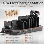 Alxum 140W USB C Charging Station -10 Port Fast Charging Station with QC 3.0 & 4 * USB C PD 60W+45W+30W, Multi Device Charger Organizer Compatible with Laptop, iPad, Tablet, Cell Phone and More