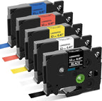 P Touch Label Maker Tape 12mm 0.47 Inch Laminated White/Black/Red/Blue/Yellow Replacement for Brother TZe Label Tape, for Ptouch Model PT-D200 D210 H100 1880, Colored Tape, 5-Pack