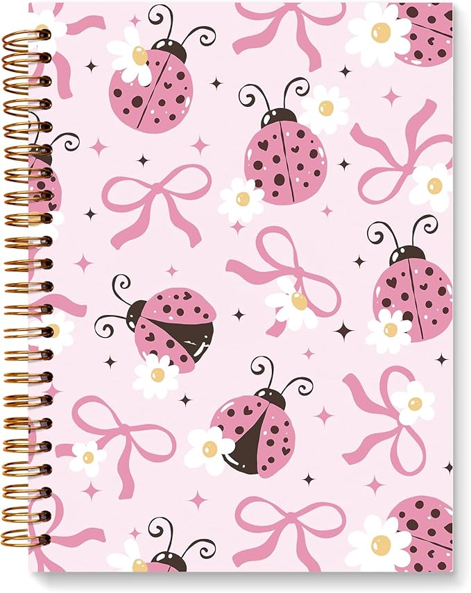 JXREQ Coquette Pink Bow Ladybug Floral Notebook Journal for Women Note Taking Study Writing, Preppy School Supplies, Pink Preppy Floral Spiral Notebooks 5.5x8.3